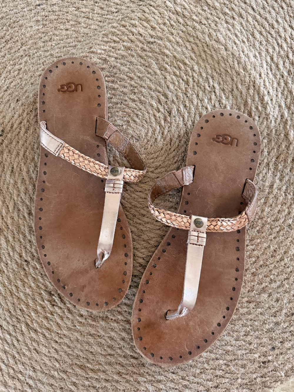 UGG Women’s Rose Gold Braided Leather Thong Sandals